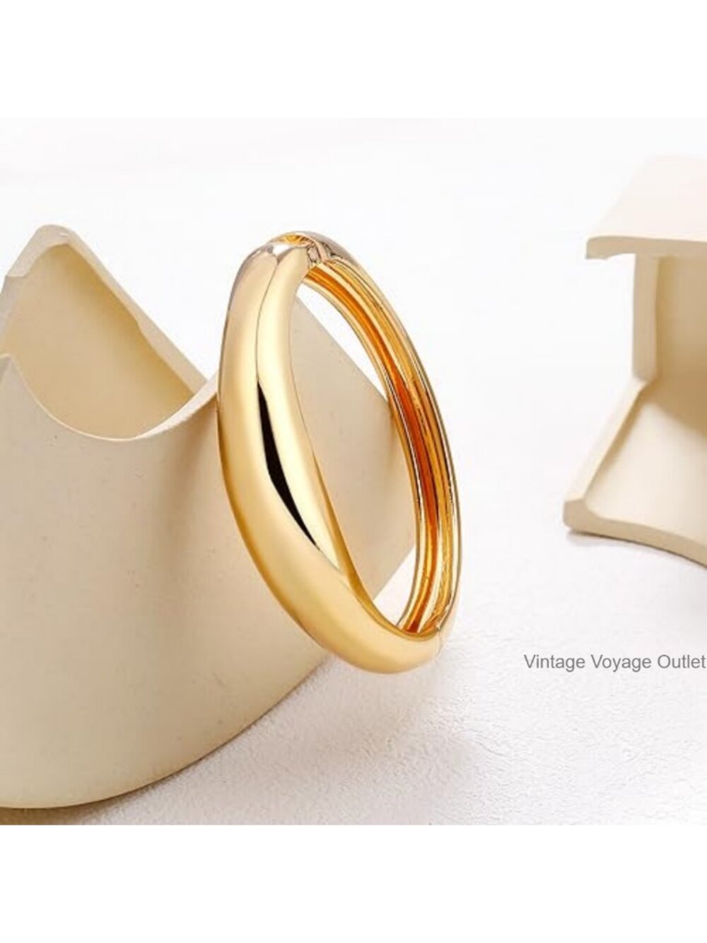 Gold Plated Cuff Bangle Bracelet Hinged Open Wide Chunky Minimalist Jewelry - Picture 3 of 6